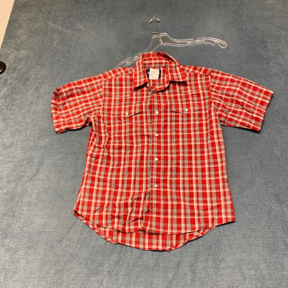 Wrangler Western Shirt Boys L 10-12 Red Gray Plaid Snap Buttons Chest Pockets